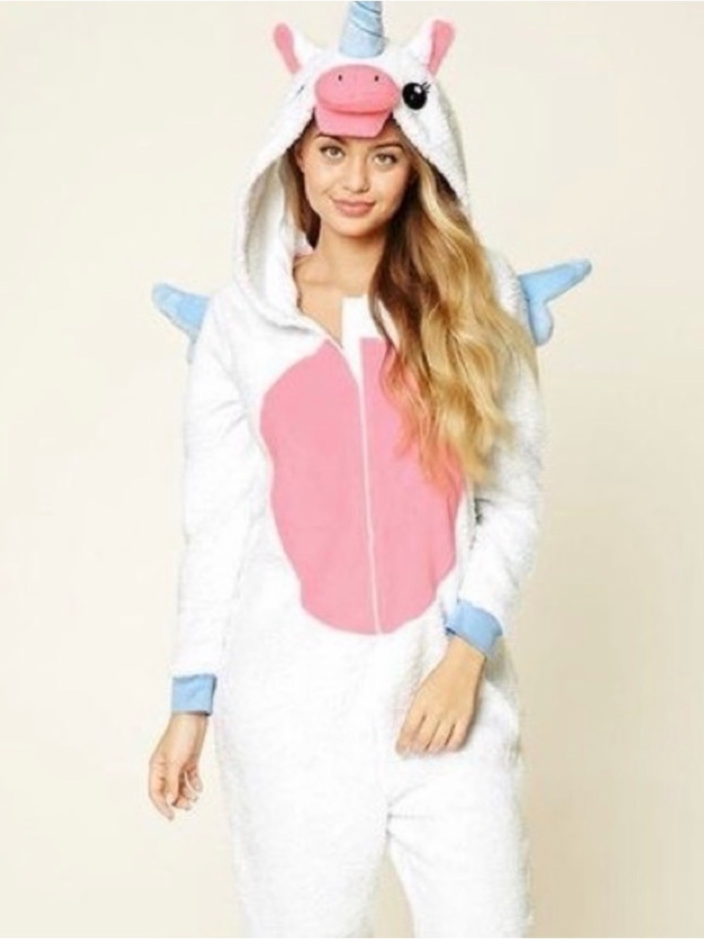 Forever 21 White Unicorn Onesie with Pink Belly and Blue Accents